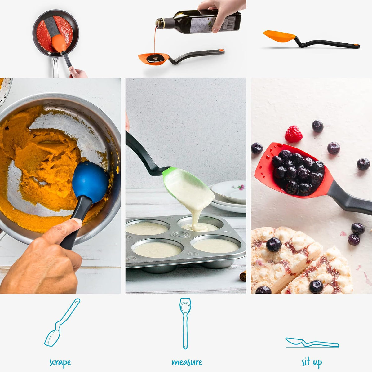 Supoon Non-Stick Sit-Up Silicone Scraping, Serving, Cooking Spoon Measures 5ml Tsp & 15ml Tbsp - 11" Red