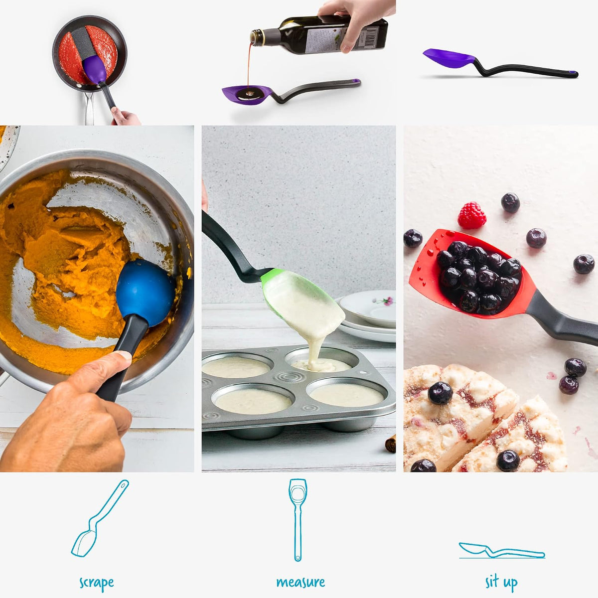 Supoon Non-Stick Sit-Up Silicone Scraping, Serving, Cooking Spoon Measures 5ml Tsp & 15ml Tbsp - 11" Red