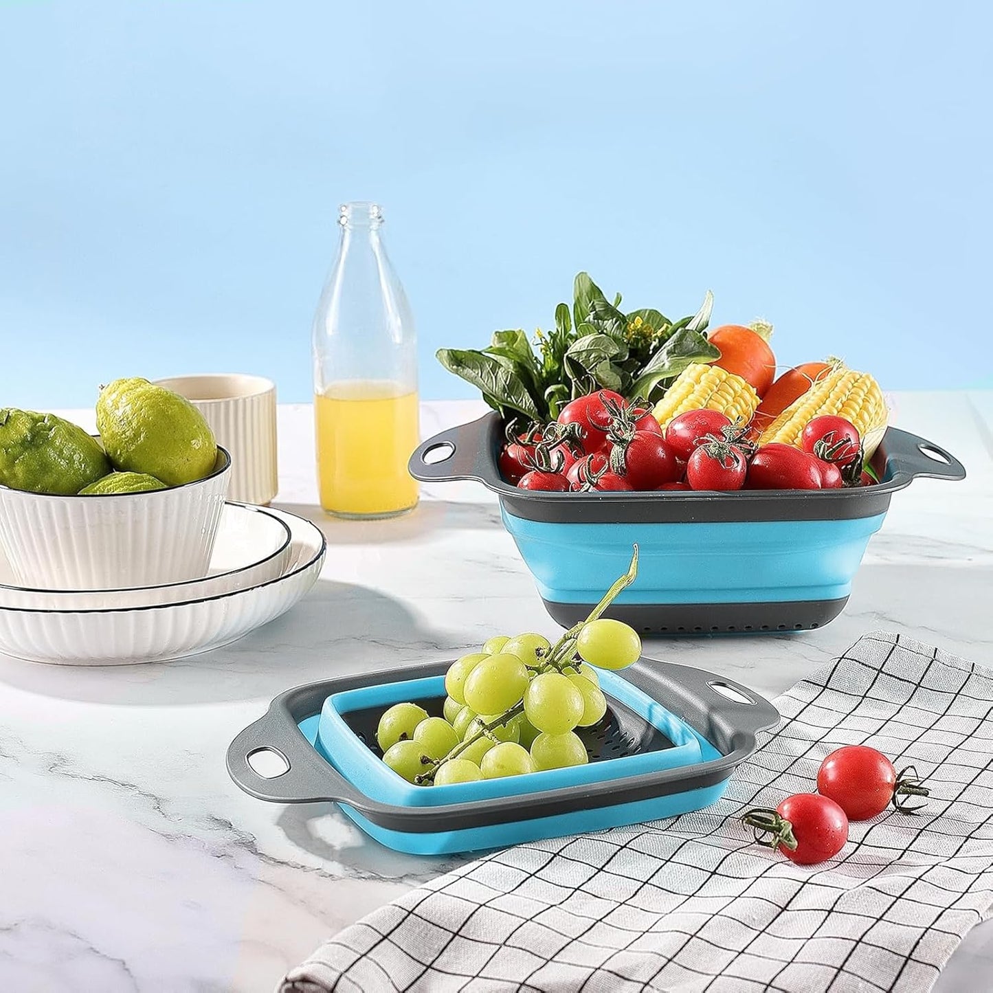 2 PCS Collapsible Colander, Collapsible Strainers for Kitchen, 11.5 inch Silicone Strainer and 9.5 inch Silicone Colander for Draining Vegetable fruit, Kitchen Food Strainer, Blue (Blue)