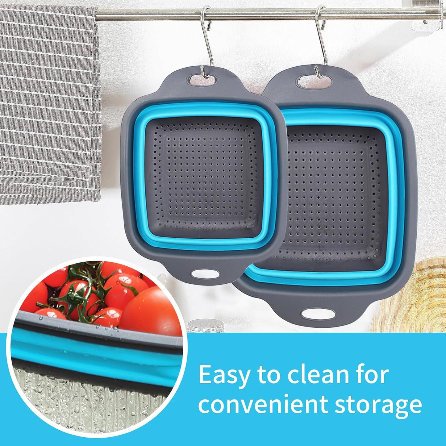 2 PCS Collapsible Colander, Collapsible Strainers for Kitchen, 11.5 inch Silicone Strainer and 9.5 inch Silicone Colander for Draining Vegetable fruit, Kitchen Food Strainer, Blue (Blue)