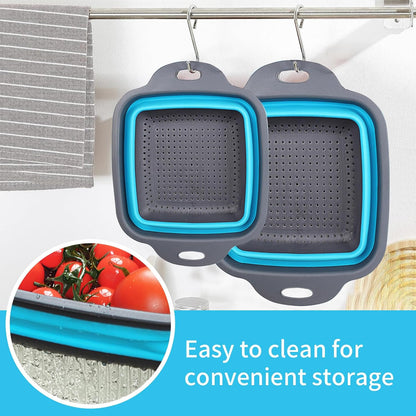 2 PCS Collapsible Colander, Collapsible Strainers for Kitchen, 11.5 inch Silicone Strainer and 9.5 inch Silicone Colander for Draining Vegetable fruit, Kitchen Food Strainer, Blue (Blue)