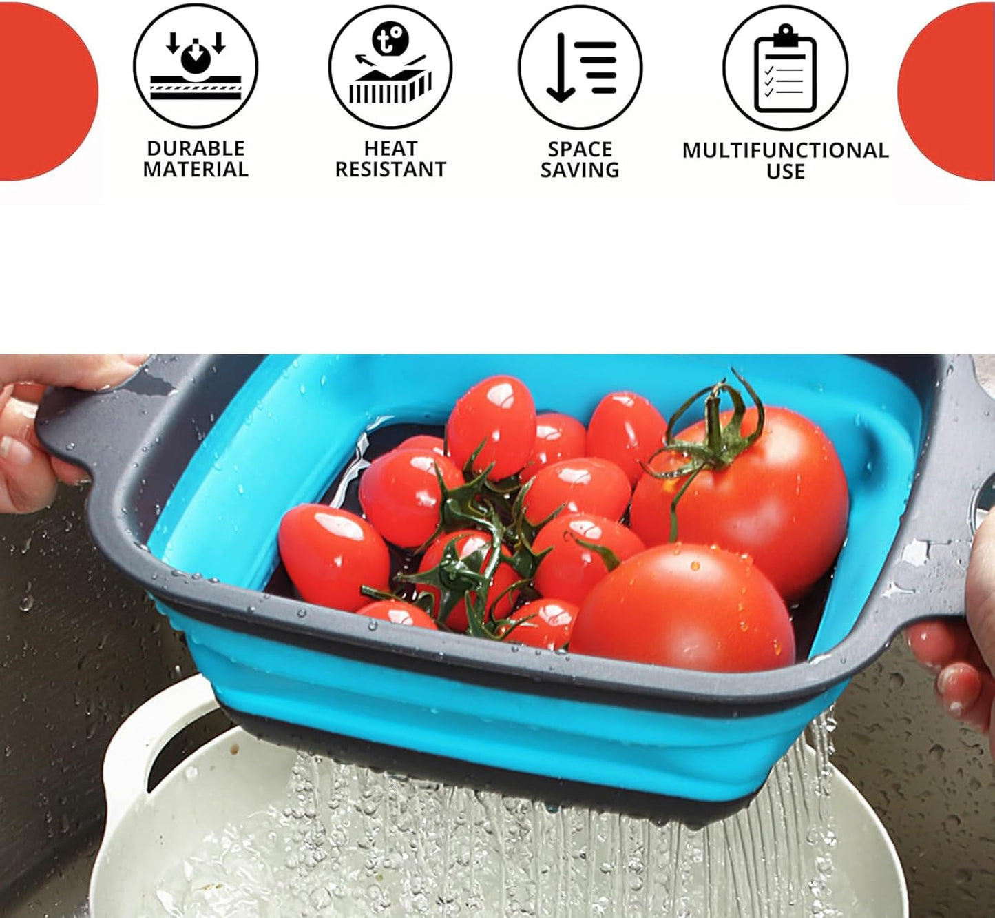2 PCS Collapsible Colander, Collapsible Strainers for Kitchen, 11.5 inch Silicone Strainer and 9.5 inch Silicone Colander for Draining Vegetable fruit, Kitchen Food Strainer, Blue (Blue)