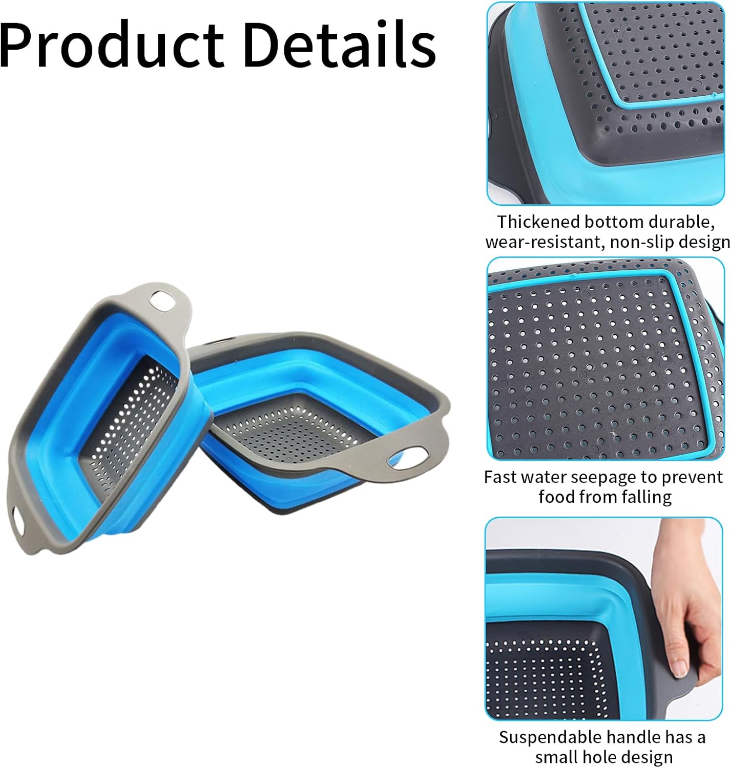 2 PCS Collapsible Colander, Collapsible Strainers for Kitchen, 11.5 inch Silicone Strainer and 9.5 inch Silicone Colander for Draining Vegetable fruit, Kitchen Food Strainer, Blue (Blue)