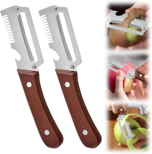 2PCS Premium Vegetable Peeler with Wooden Handle and Bottle Opener - Multifunctional Vegetable Peeler for Kitchen, Kitchen Gadgets Tool for Fruit Pumpkin Peeling Potato Carrot Veggie Peeler