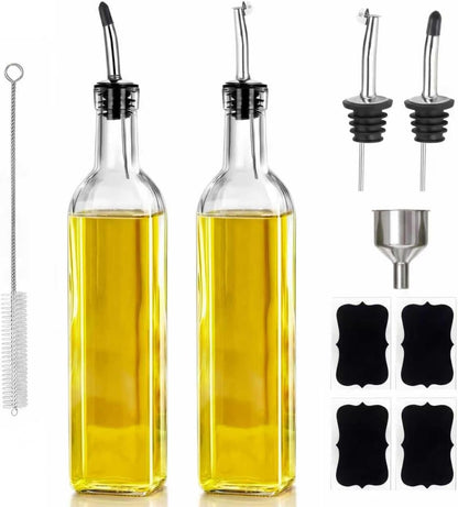 Olive Oil Dispenser Bottle, 2-Pack 500ml Glass Oil Dispenser for Kitchen with Stainless Steel Pourers - Oil and Vinegar Bottles Set Includes 2 Spouts, 4 Labels, 1 Funnel & 1 Brush