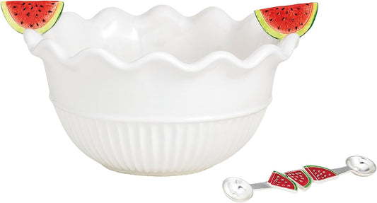 White Ceramic Melon Bowl and Melon Baller Utensil Set