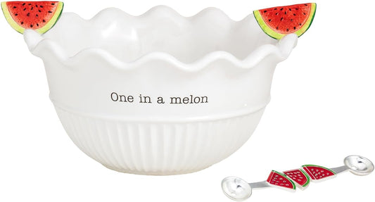 White Ceramic Melon Bowl and Melon Baller Utensil Set