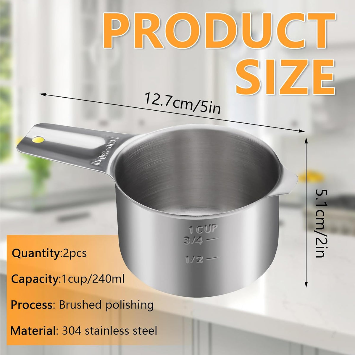 1 Cup 240 ML 8 OZ Stainless Steel Measuring Cups Set, Wet Dry Food Measuring Cups Portion Control, Metal Dog Food Scoop for Cooking Utensils Kitchen Home Baking Essentials