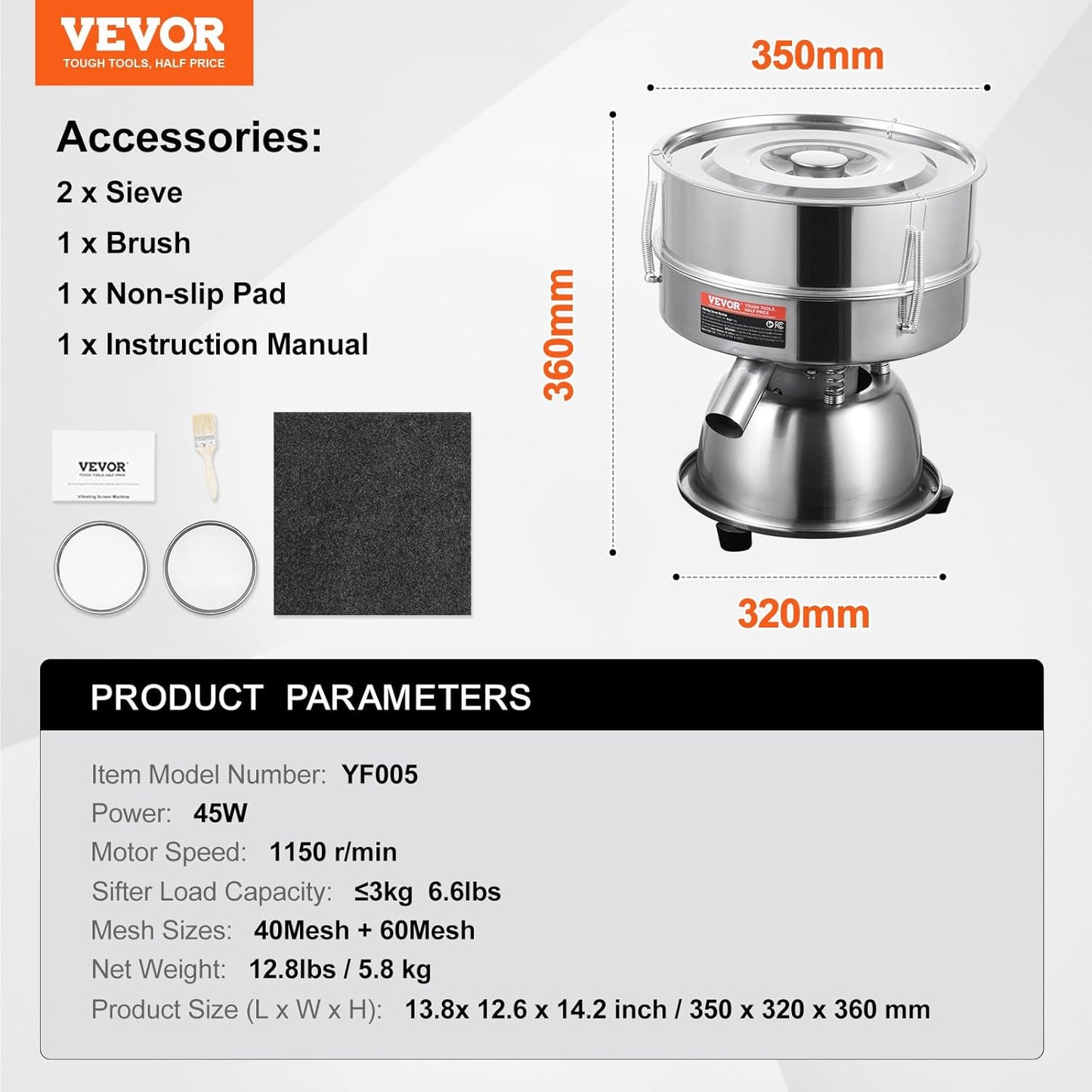Flour Sieve, 10 Mesh Sifter, 304 Stainless Steel Food-grade Fine Mesh Strainer, Dia. 12.6" for Baking, 5 Sizes Mesh Hole for Mungbean, Rice, Pearl Powder