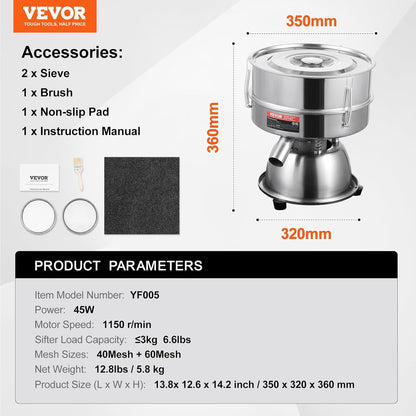 Flour Sieve, 10 Mesh Sifter, 304 Stainless Steel Food-grade Fine Mesh Strainer, Dia. 12.6" for Baking, 5 Sizes Mesh Hole for Mungbean, Rice, Pearl Powder