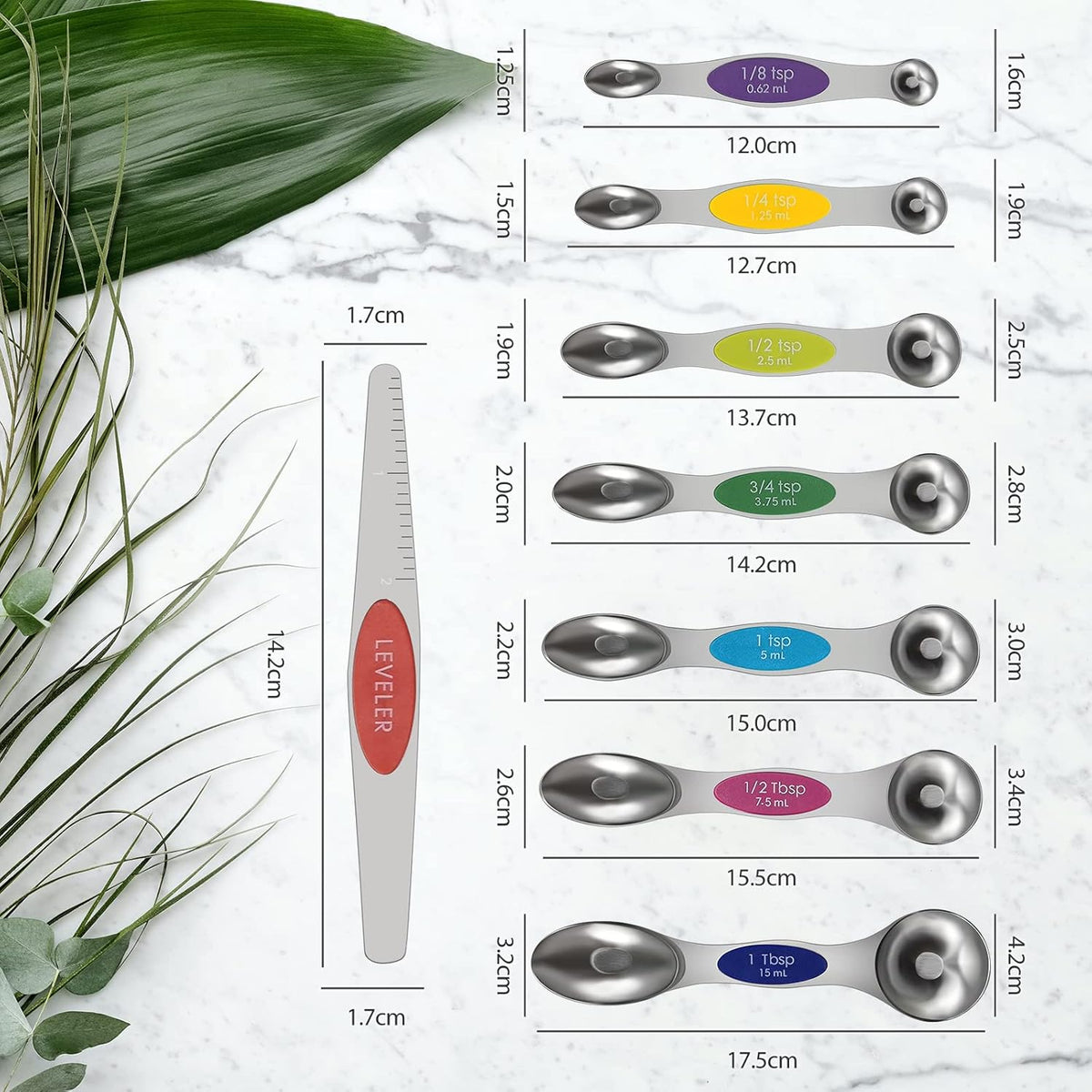 Stainless Steel Magnetic Measuring Spoons Set of 8 with strong Magnets, Dual Sided Measuring Spoons, Kitchen Gadgets for Baking & Cooking, Spice Jars, Measuring Dry & Liquid, Multicolor