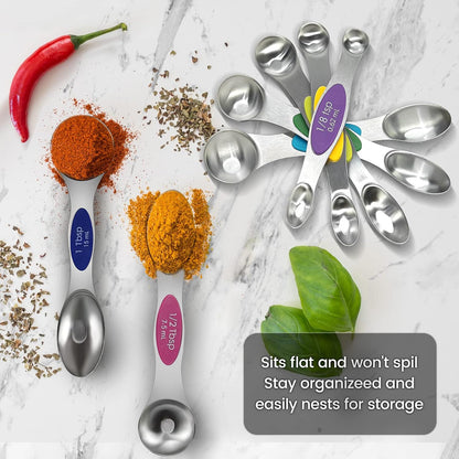 Stainless Steel Magnetic Measuring Spoons Set of 8 with strong Magnets, Dual Sided Measuring Spoons, Kitchen Gadgets for Baking & Cooking, Spice Jars, Measuring Dry & Liquid, Multicolor