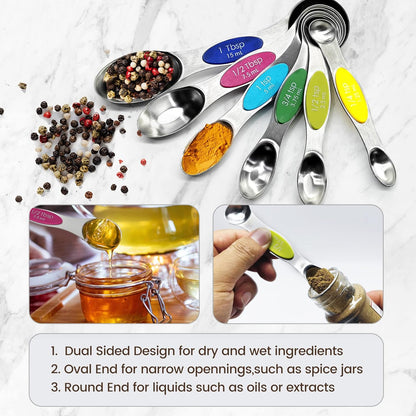 Stainless Steel Magnetic Measuring Spoons Set of 8 with strong Magnets, Dual Sided Measuring Spoons, Kitchen Gadgets for Baking & Cooking, Spice Jars, Measuring Dry & Liquid, Multicolor