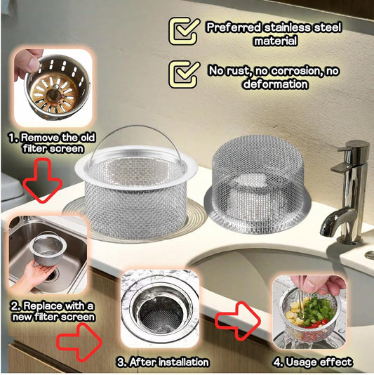 3" Kitchen Sink Strainer, 2-Pack Fine Mesh Basket - Catches Food Waste, Hair & Prevents Clogs, Rust-Proof Stainless Steel, Fits Standard Drain