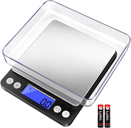 Small Gram Scale 3000g, Digital Kitchen Food Scale, Gram and Ounce | 0.1g Accuracy, 6 Modes, 2 Trays Included, LCD Display, Tare, Piece Counting, For Food, Coffee, Cooking, Herb, Reptiles, Coins