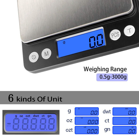Small Gram Scale 3000g, Digital Kitchen Food Scale, Gram and Ounce | 0.1g Accuracy, 6 Modes, 2 Trays Included, LCD Display, Tare, Piece Counting, For Food, Coffee, Cooking, Herb, Reptiles, Coins