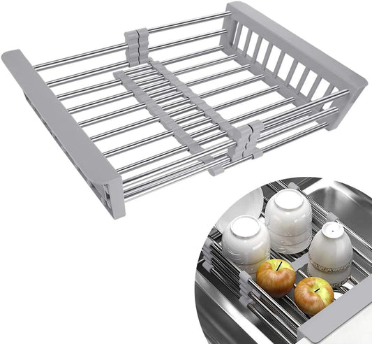 Expandable Dish Drying Rack Over The Sink, Stainless Steel Drainer Basket with Adjustable Arms for Vegetable and Fruit (Grey)