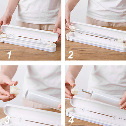 Reusable Plastic Wrap Dispenser with Cutter, Food Wrap Dispenser, Refillable Cling Film/Wax Paper, 1 Roll Plastic Food Wrap Included
