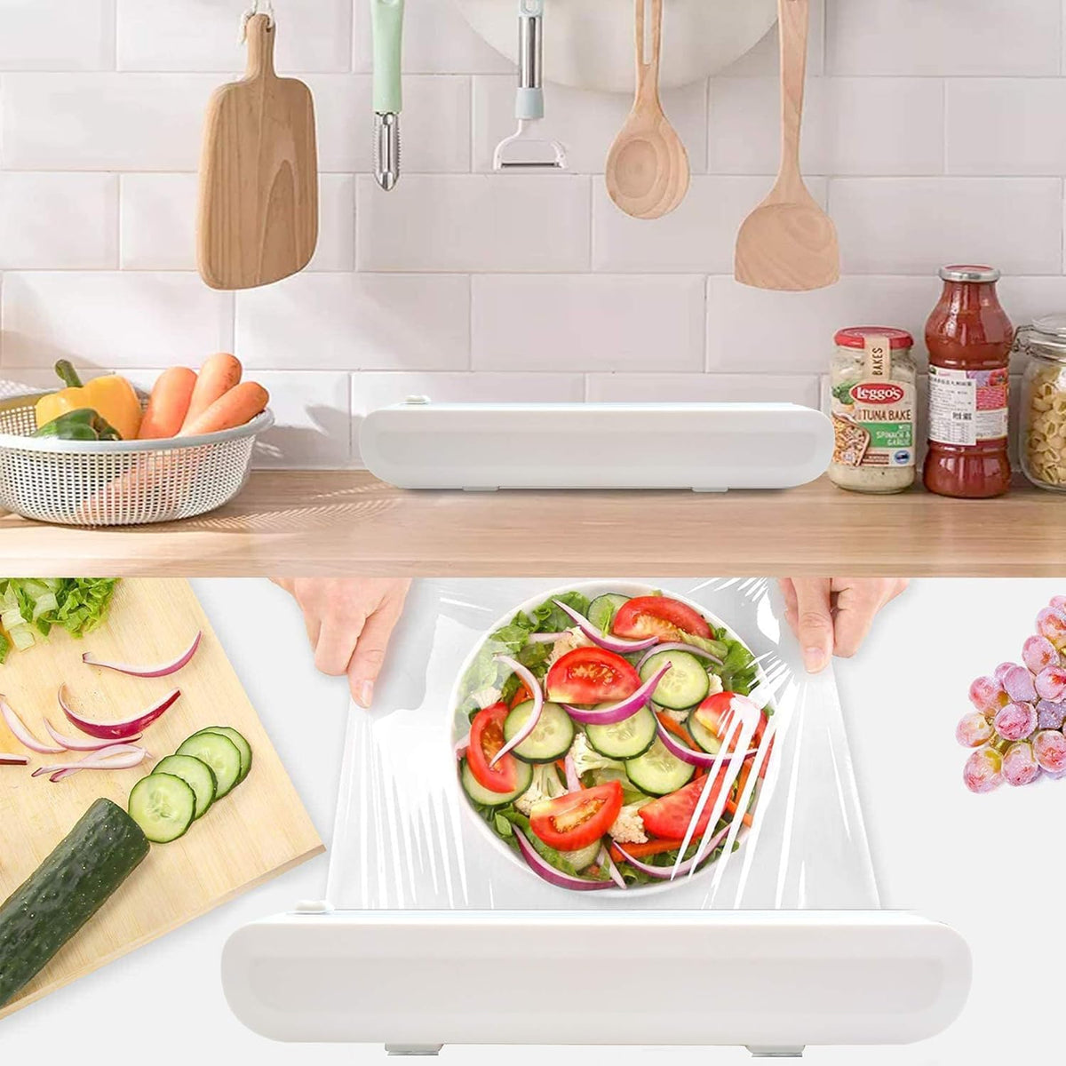 Reusable Plastic Wrap Dispenser with Cutter, Food Wrap Dispenser, Refillable Cling Film/Wax Paper, 1 Roll Plastic Food Wrap Included