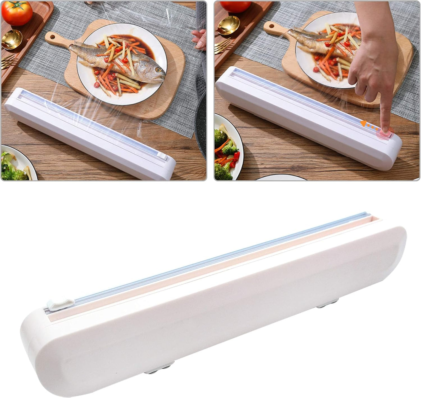 Reusable Plastic Wrap Dispenser with Cutter, Food Wrap Dispenser, Refillable Cling Film/Wax Paper, 1 Roll Plastic Food Wrap Included