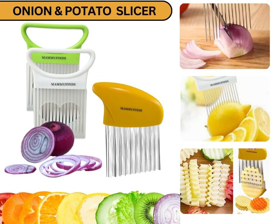 Potato slicer & Kitchen Gadgets, 1 Crinkle Cutter, 1 Onion Slicer, Stainless Steel Onion Holder, Vegetable, Avocado, Tomato,Mandoline Slicer, Fruit Cutter, wavy crinkle cutter for veggies
