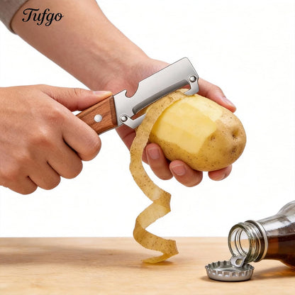 Pack of 2 Multifunctional Vegetable Peeler with Stainless Steel Blade 2-in-1 Wood Handle Kitchen Tool for Potato, Carrot, Zucchini, Papaya, Sugar Cane Peeling Veggie Peeler