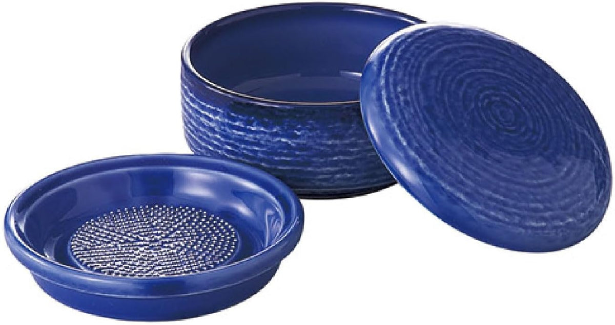 Japanese Grater Traditional Handcrafted Porcelain Minoyaki Indigo Blue with Mini Bowl and Lid for grating Radish Garlic Ginger (Indigo Blue, φ 4.33)