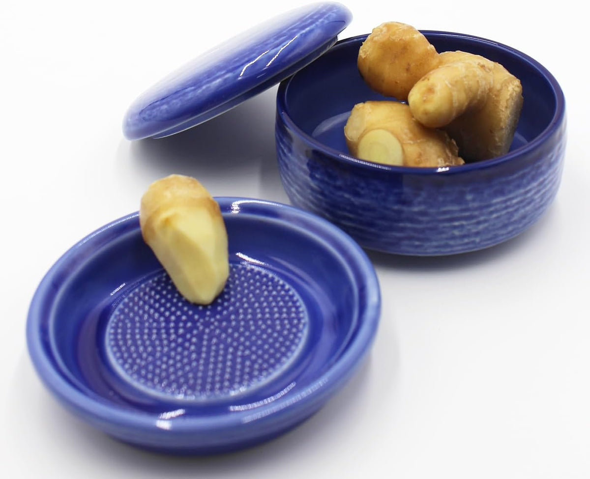 Japanese Grater Traditional Handcrafted Porcelain Minoyaki Indigo Blue with Mini Bowl and Lid for grating Radish Garlic Ginger (Indigo Blue, φ 4.33)