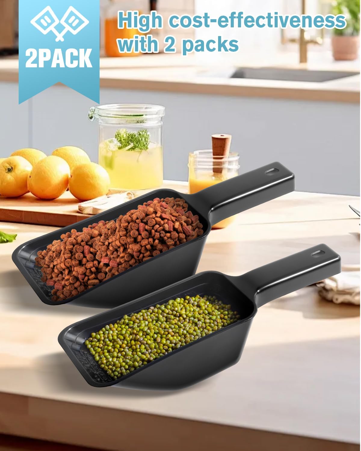 2 Cup Dog Food Scoop(2 Pack), Plastic Pet Food Scoop with Measuring Lines for Accurate Pet Food Portions,Dishwasher Safe (Black)