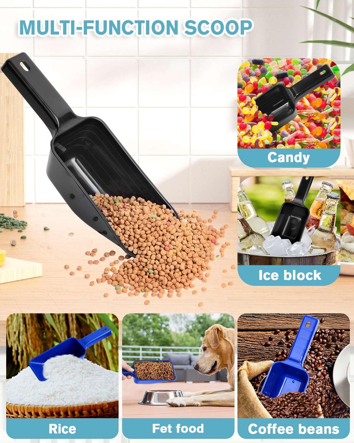 2 Cup Dog Food Scoop(2 Pack), Plastic Pet Food Scoop with Measuring Lines for Accurate Pet Food Portions,Dishwasher Safe (Black)
