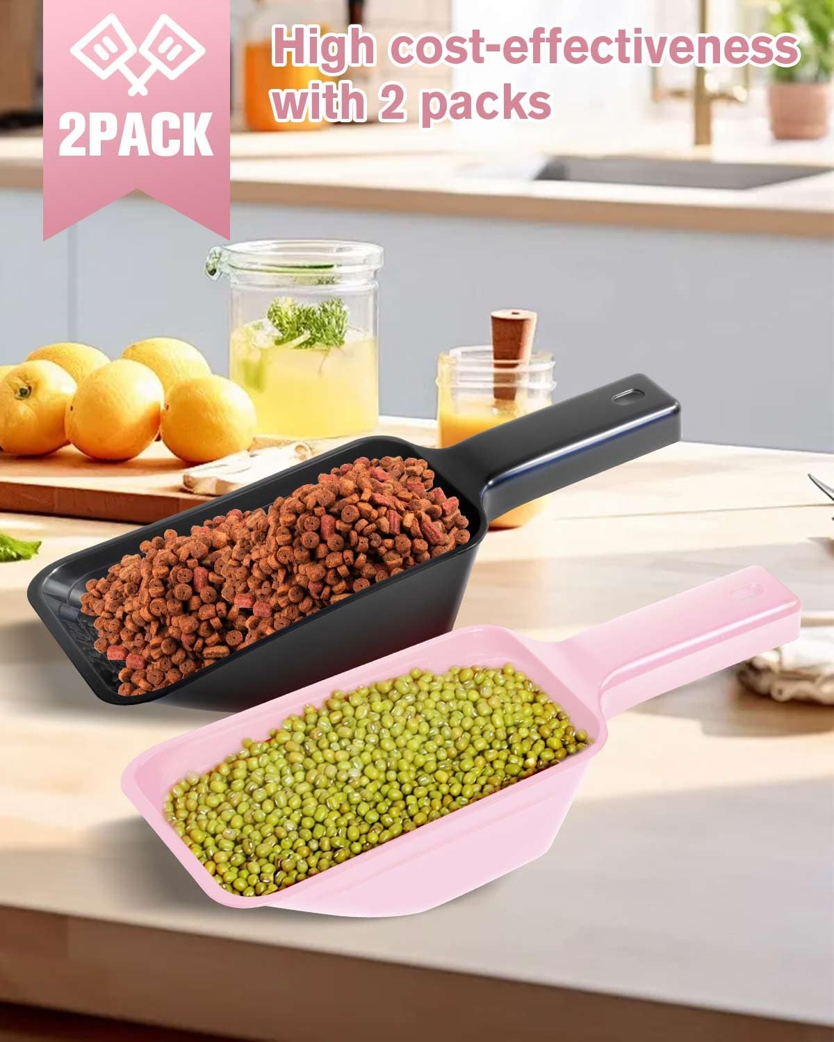 2 Cup Dog Food Scoop(2 Pack), Plastic Pet Food Scoop with Measuring Lines for Accurate Pet Food Portions,Dishwasher Safe (Black)