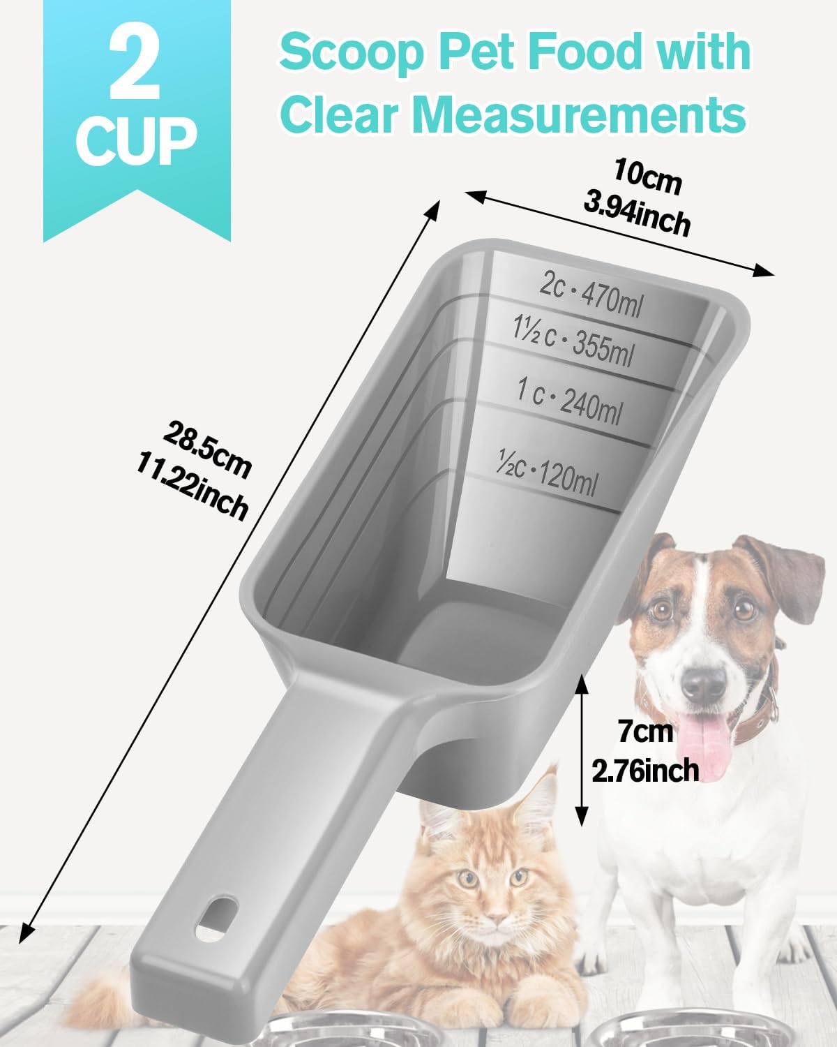 2 Cup Dog Food Scoop(2 Pack), Plastic Pet Food Scoop with Measuring Lines for Accurate Pet Food Portions,Dishwasher Safe (Black)