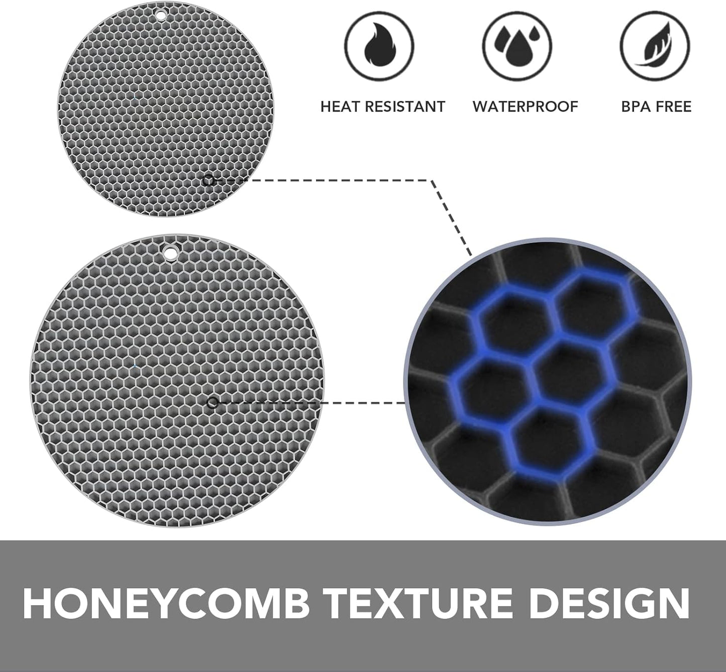 Trivets for Hot Dishes - Hot Pads for Kitchen, Silicone Pot Holders for Hot Pots and Pans, Silicone Mats for Kitchen Countertops, Table, Flexible Easy to Wash and Dry, Grey