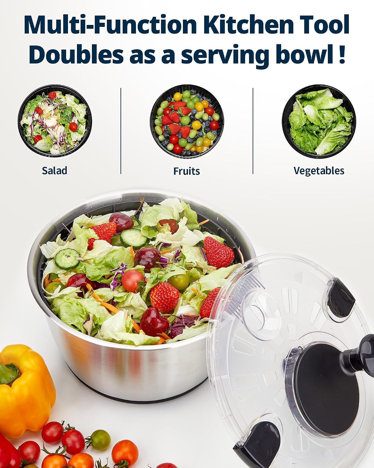 Stainless Steel Salad Spinner 6.34Qt, BPA-Free Large Lettuce Dryer