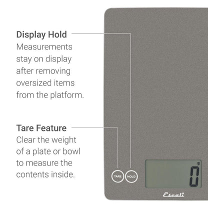 Arti Glass Food Scale Digital Countertop Kitchen, Baking and Cooking Scale with Nutrition and Calorie Counter, 15-Pound Capacity, 9" x 6.5" x .75", Gray Storm