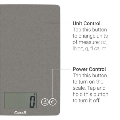 Arti Glass Food Scale Digital Countertop Kitchen, Baking and Cooking Scale with Nutrition and Calorie Counter, 15-Pound Capacity, 9" x 6.5" x .75", Gray Storm
