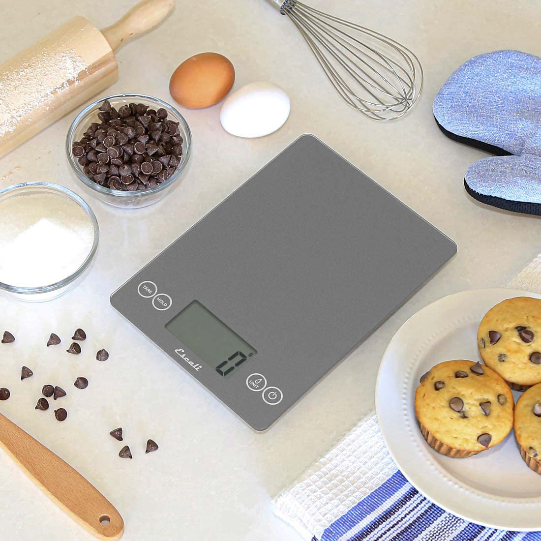 Arti Glass Food Scale Digital Countertop Kitchen, Baking and Cooking Scale with Nutrition and Calorie Counter, 15-Pound Capacity, 9" x 6.5" x .75", Gray Storm