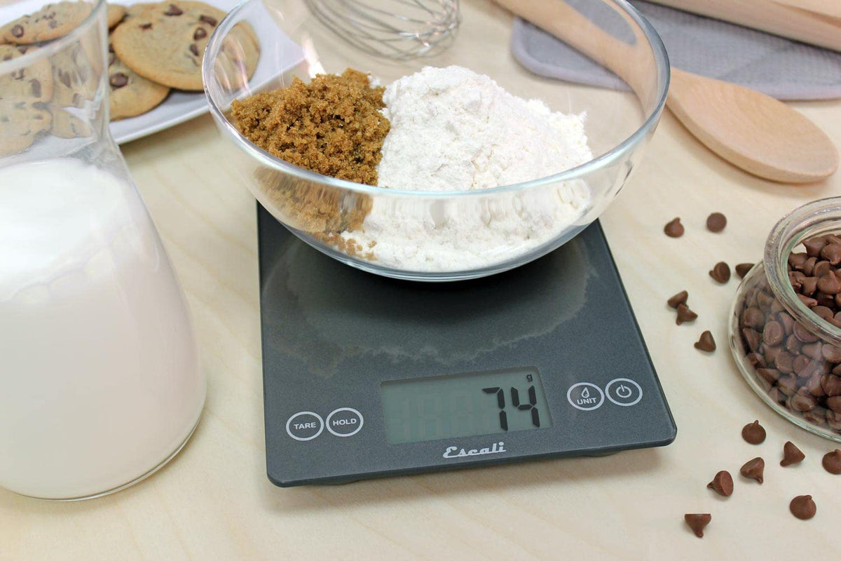 Arti Glass Food Scale Digital Countertop Kitchen, Baking and Cooking Scale with Nutrition and Calorie Counter, 15-Pound Capacity, 9" x 6.5" x .75", Gray Storm