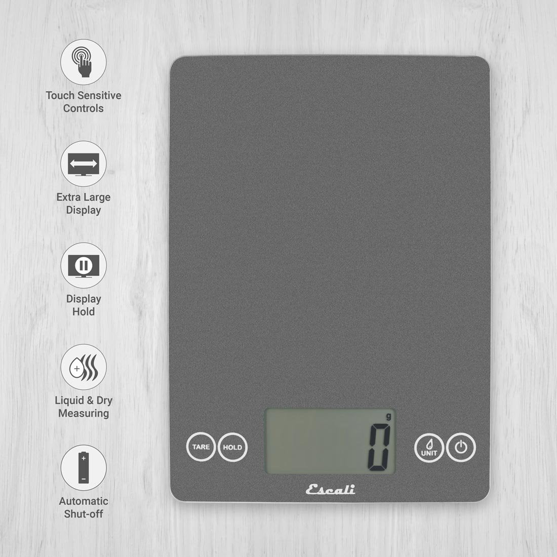 Arti Glass Food Scale Digital Countertop Kitchen, Baking and Cooking Scale with Nutrition and Calorie Counter, 15-Pound Capacity, 9" x 6.5" x .75", Gray Storm