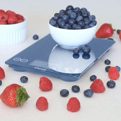 Arti Glass Food Scale Digital Countertop Kitchen, Baking and Cooking Scale with Nutrition and Calorie Counter, 15-Pound Capacity, 9" x 6.5" x .75", Gray Storm