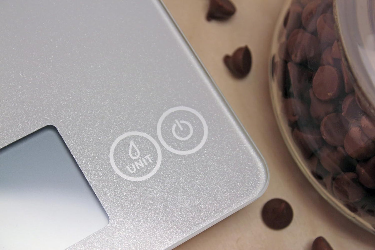Arti Glass Food Scale Digital Countertop Kitchen, Baking and Cooking Scale with Nutrition and Calorie Counter, 15-Pound Capacity, 9" x 6.5" x .75", Gray Storm