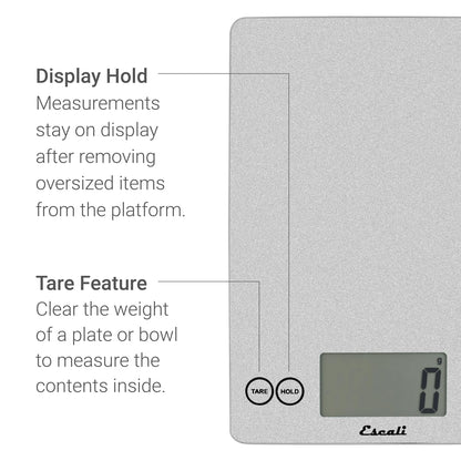 Arti Glass Food Scale Digital Countertop Kitchen, Baking and Cooking Scale with Nutrition and Calorie Counter, 15-Pound Capacity, 9" x 6.5" x .75", Gray Storm