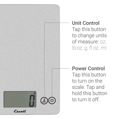 Arti Glass Food Scale Digital Countertop Kitchen, Baking and Cooking Scale with Nutrition and Calorie Counter, 15-Pound Capacity, 9" x 6.5" x .75", Gray Storm