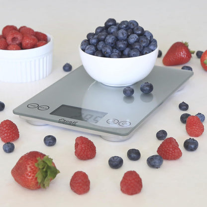 Arti Glass Food Scale Digital Countertop Kitchen, Baking and Cooking Scale with Nutrition and Calorie Counter, 15-Pound Capacity, 9" x 6.5" x .75", Gray Storm