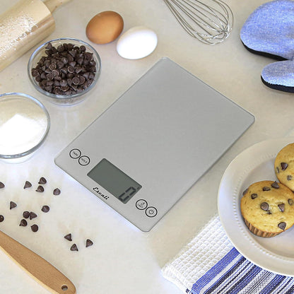 Arti Glass Food Scale Digital Countertop Kitchen, Baking and Cooking Scale with Nutrition and Calorie Counter, 15-Pound Capacity, 9" x 6.5" x .75", Gray Storm