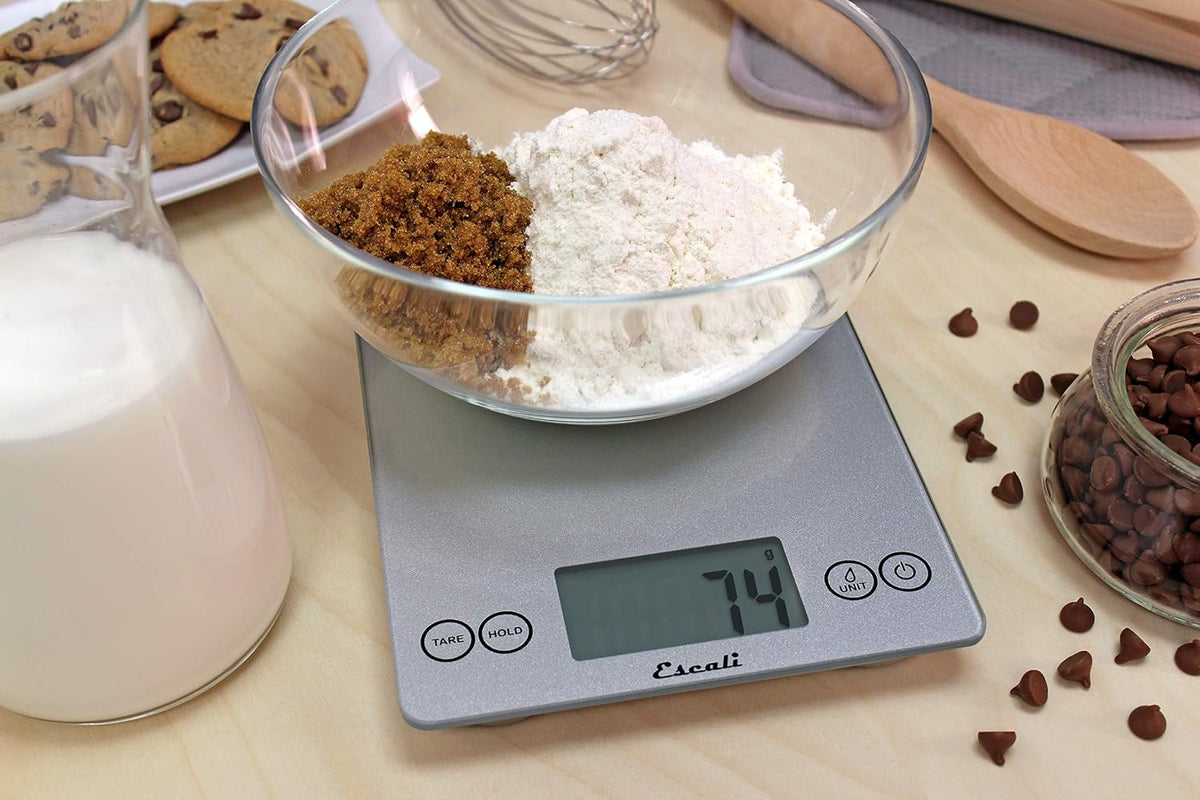 Arti Glass Food Scale Digital Countertop Kitchen, Baking and Cooking Scale with Nutrition and Calorie Counter, 15-Pound Capacity, 9" x 6.5" x .75", Gray Storm
