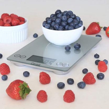 Arti Glass Food Scale Digital Countertop Kitchen, Baking and Cooking Scale with Nutrition and Calorie Counter, 15-Pound Capacity, 9" x 6.5" x .75", Gray Storm