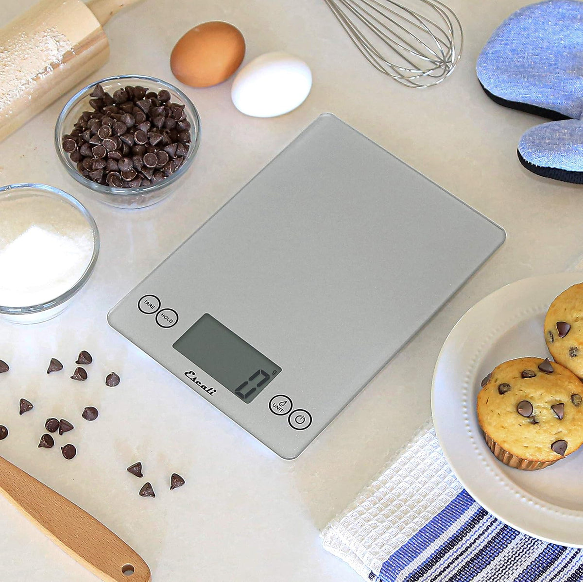 Arti Glass Food Scale Digital Countertop Kitchen, Baking and Cooking Scale with Nutrition and Calorie Counter, 15-Pound Capacity, 9" x 6.5" x .75", Gray Storm