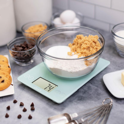 Arti Glass Food Scale Digital Countertop Kitchen, Baking and Cooking Scale with Nutrition and Calorie Counter, 15-Pound Capacity, 9" x 6.5" x .75", Gray Storm