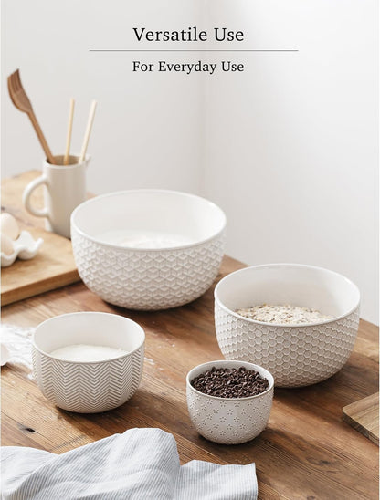 Ceramic Mixing Bowls, Embossed Nesting Bowls Set of 4, Mixing Bowl Set for Serving, Baking, Cooking and Gift, Microwave and Dishwasher Safe, 20/47/99/148 oz, Off-White